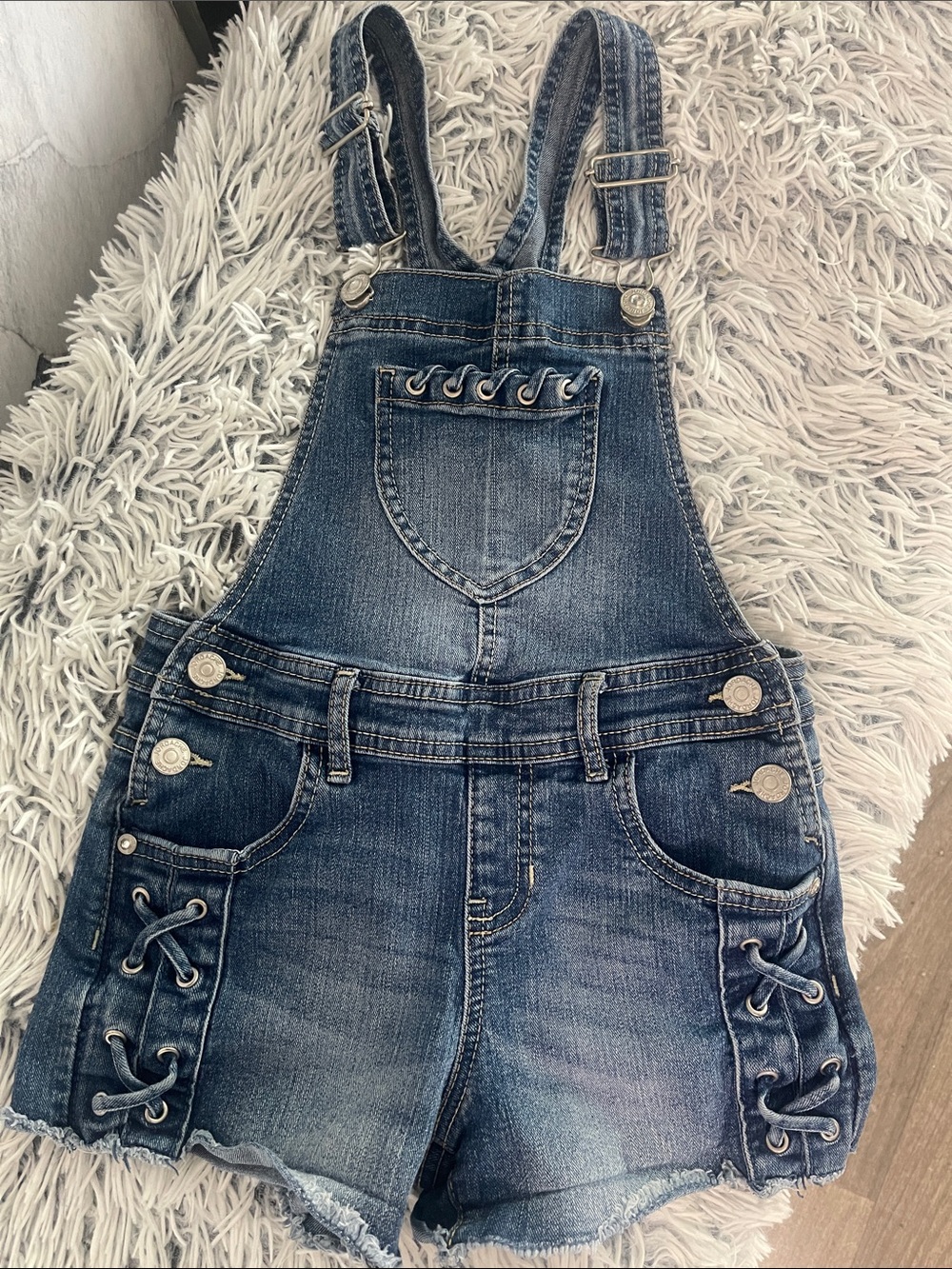 Jordache Washed Blue Denim Short Overalls with Lace-Up Accents